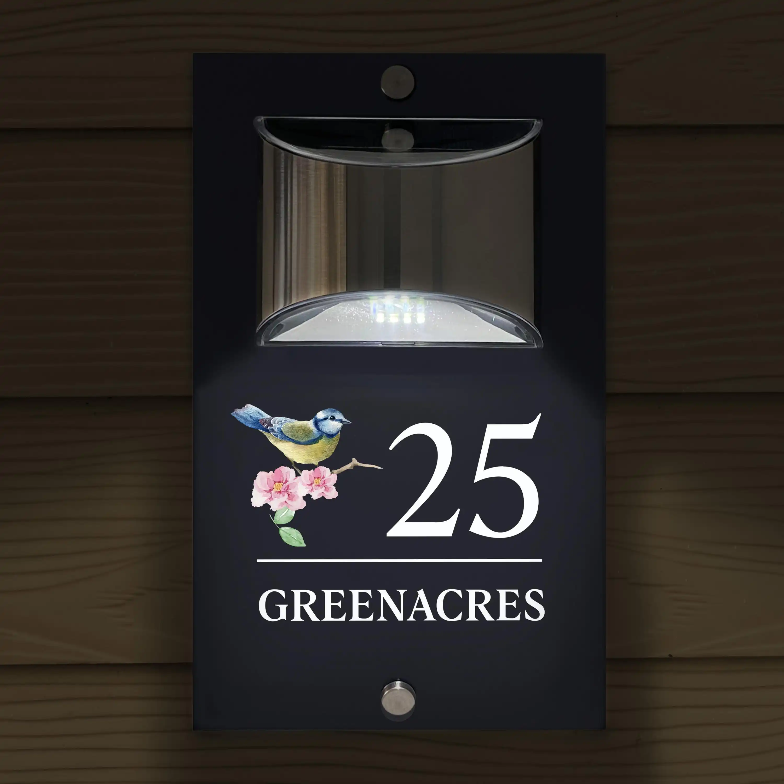 Letrero de Número de Casa Iluminado por Energía Solar Personalizado, Placa de Dirección Moderna en Antracita con Diseño de Pájaro Azul, Placa para Puerta Exterior