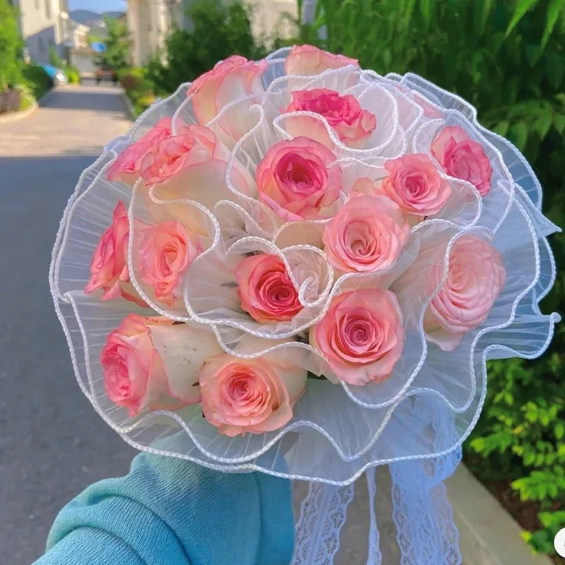 ورق تغليف الزهور الاصطناعية - شبكة زخرفية مموجة من اللؤلؤ الأبيض للباقات، تغليف هدايا الزهور الصناعية، مجعدة F