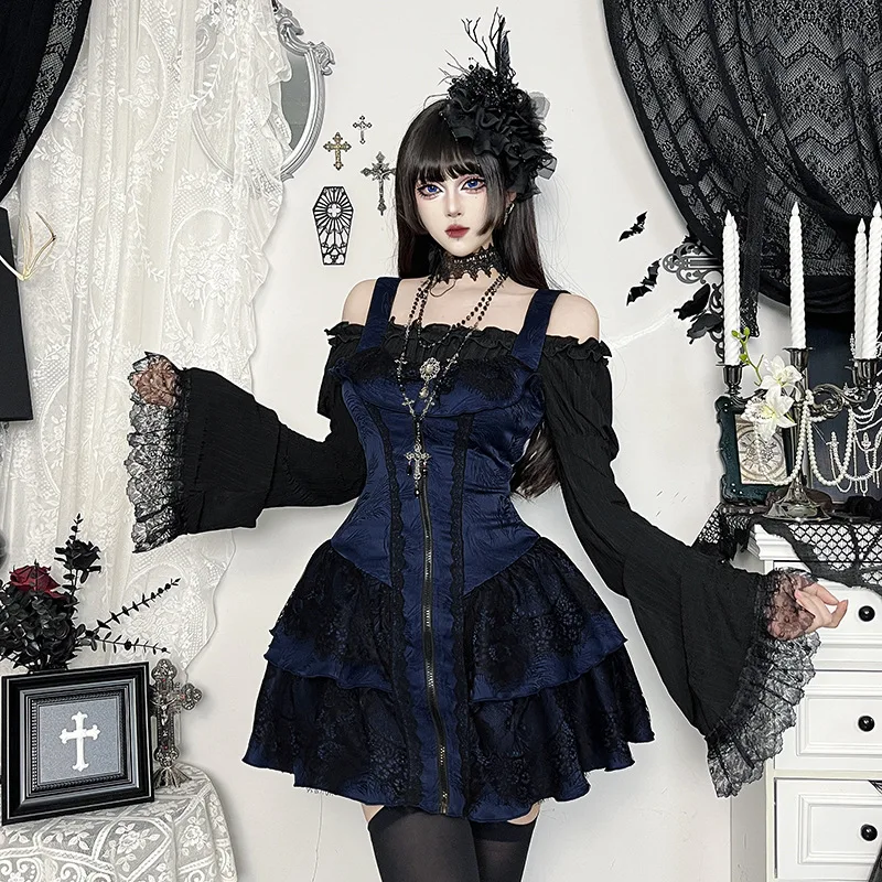 Goth Dark – Mini robe trapèze texturée pour femmes, tenues gothiques de centre commercial, garniture en dentelle Jacquard, robes ornées, robe de bal d'halloween