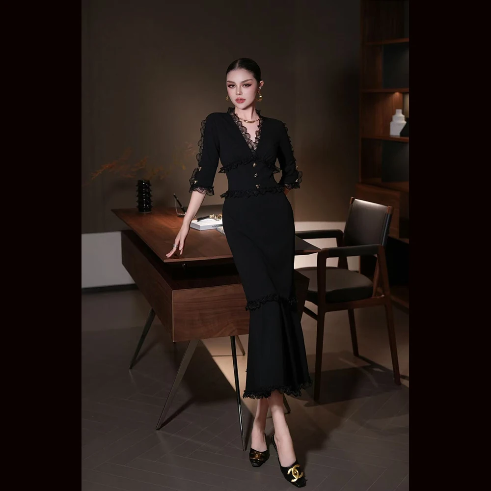 Meyyithun Women's Dress High Quality Summer Runway  V-Neck Lace  Black Fishtail Dress Slimming Style Leopard Head Button Dress