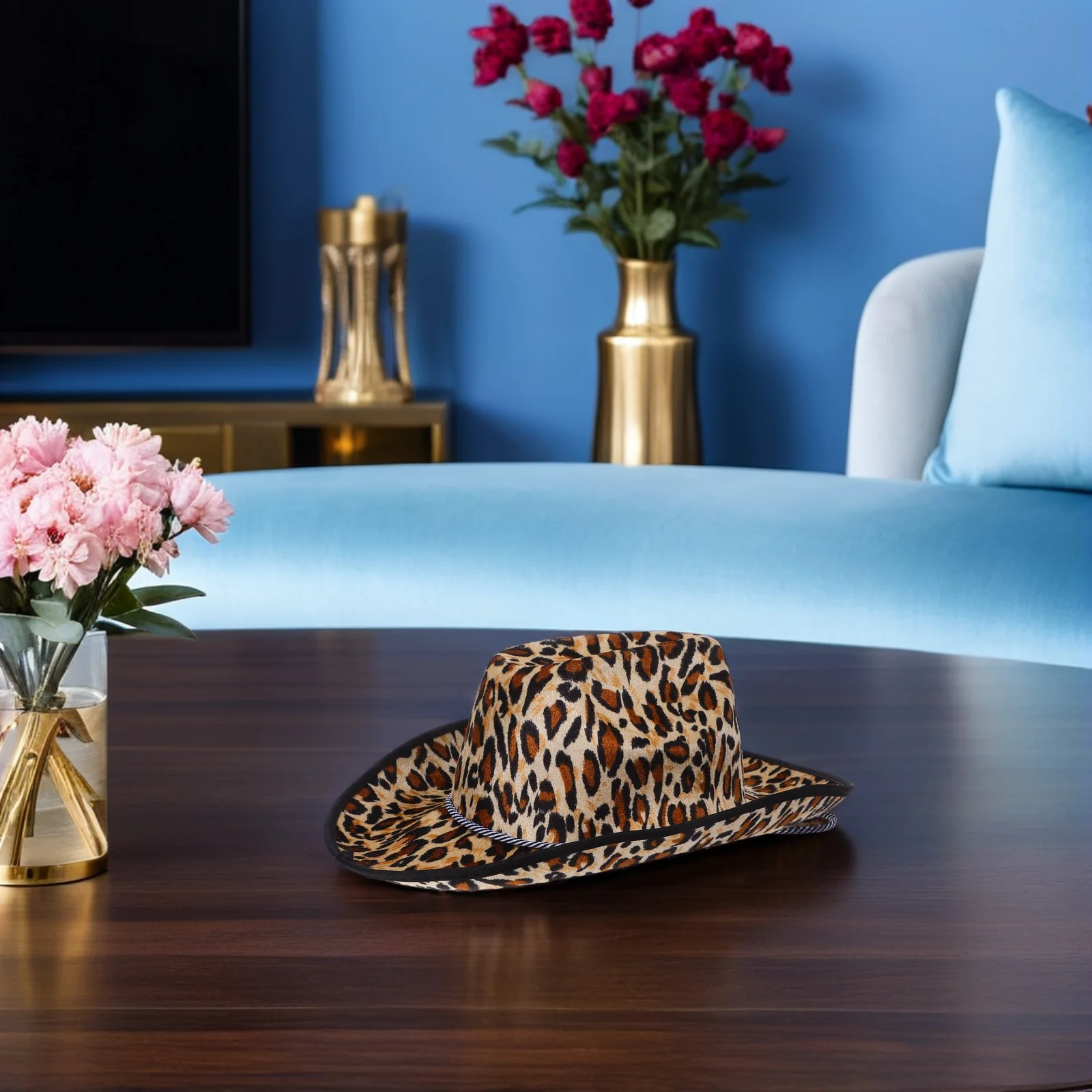 

2Pcs Leopard Print Cowboy Hat Stage Performance Masquerade Party Decoration Breathable Comfortable Adjustable Rope Cowgirl