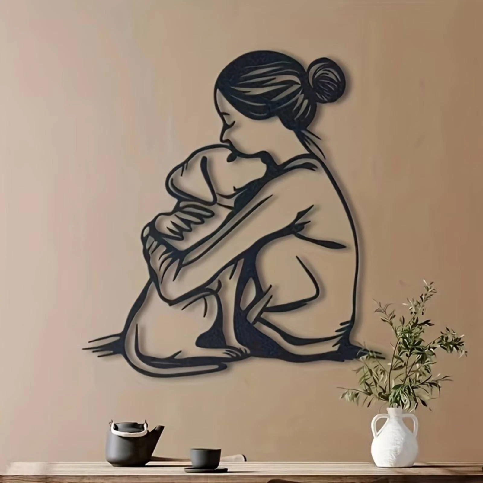 Metal Outline Wall Decor Minimalist Girl and Dog Wall Art Black Line Drawing Pet Lover Gift Easy to Hang
