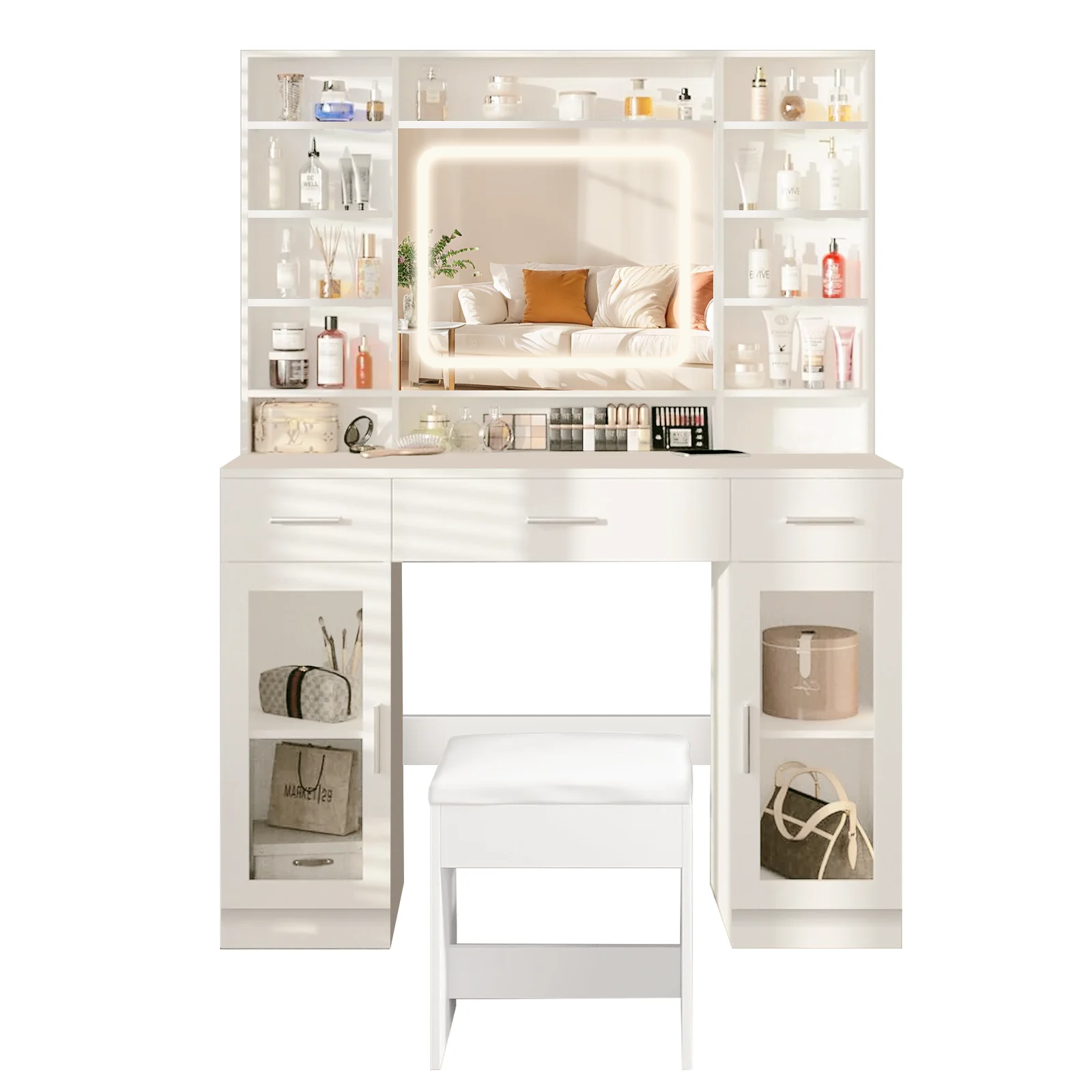 Schminktisch mit LED-Spiegel, 3 Lichtfarben & Touch, 3 Schubladen, 2 Schränke, Glasvitrine, Regale, Hocker, Weiß