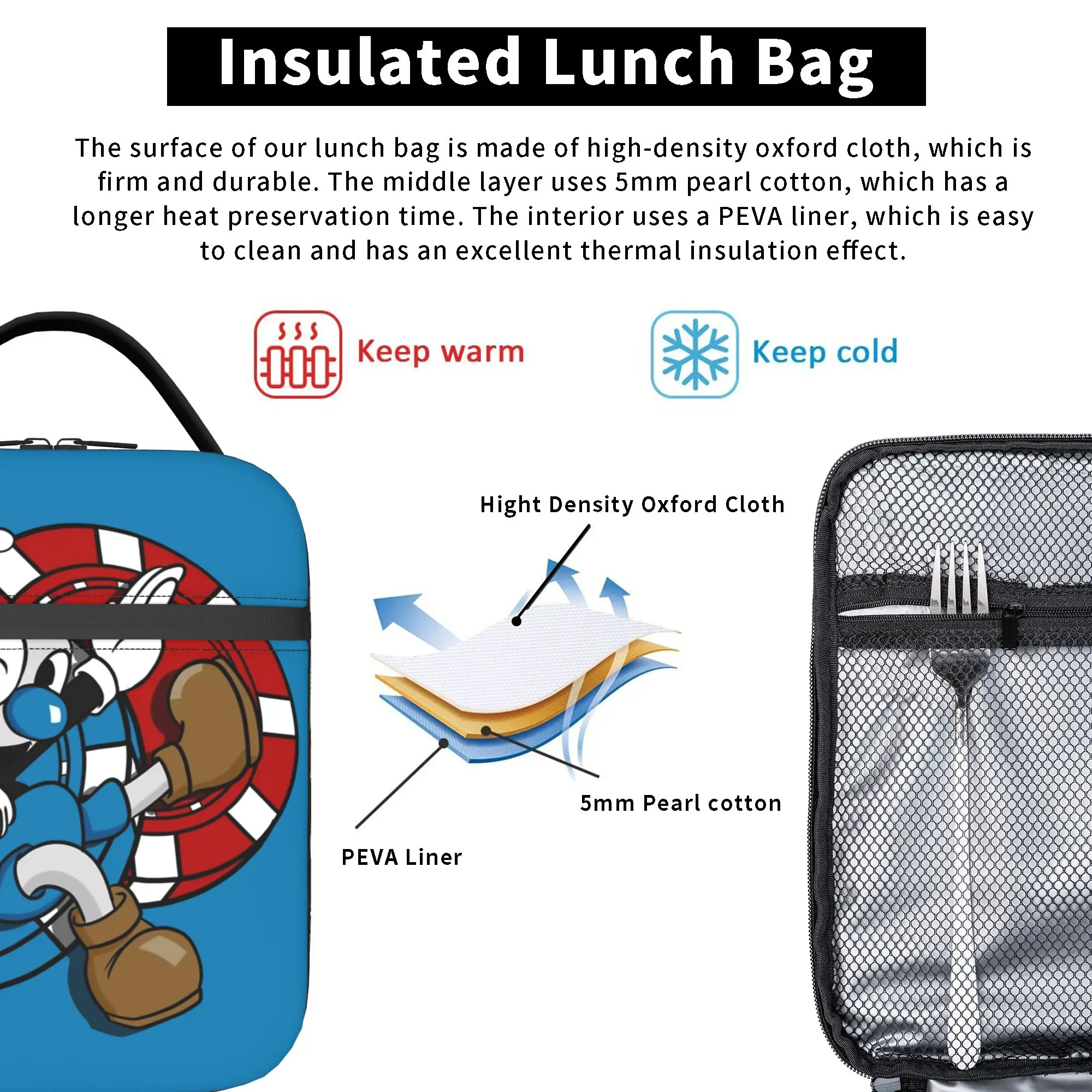 Cartoon Cupheads and Mugmans Game Thermoisolierte Lunchtaschen für Reisen, tragbare Bento-Box, Kühler, Thermo-Lunchboxen – Detail 4