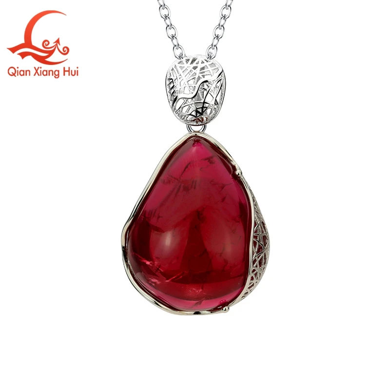 925 Sterling Silver Pear Cabochon Pendant Necklace 24*30.5mm Flat Back Lab Grown Ruby With  Inclusions Smooth Gemstone Jewelry