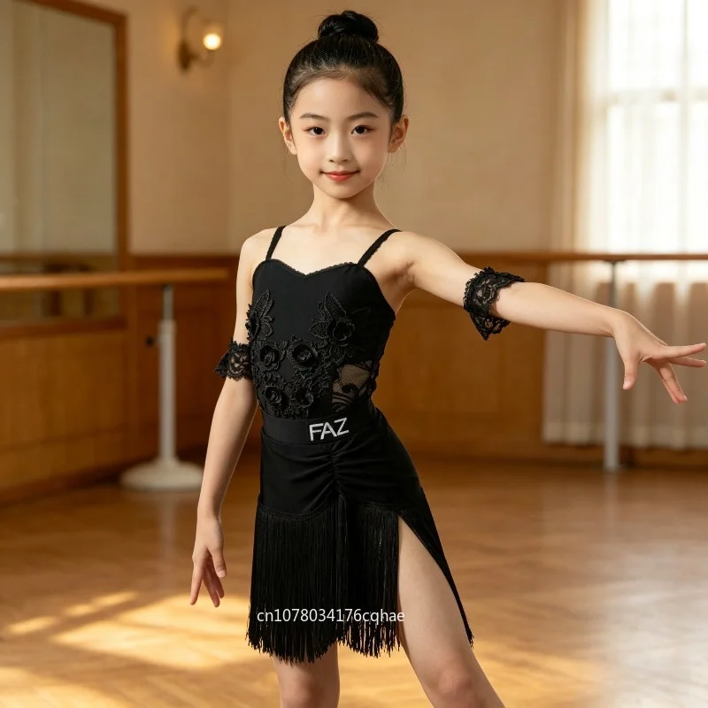 

Girls Tassel Latin Ballroom Dance Dress Rumba Cha Cha Samba Tango Kids Competition Practice Performance Costume Dance wear Zym
