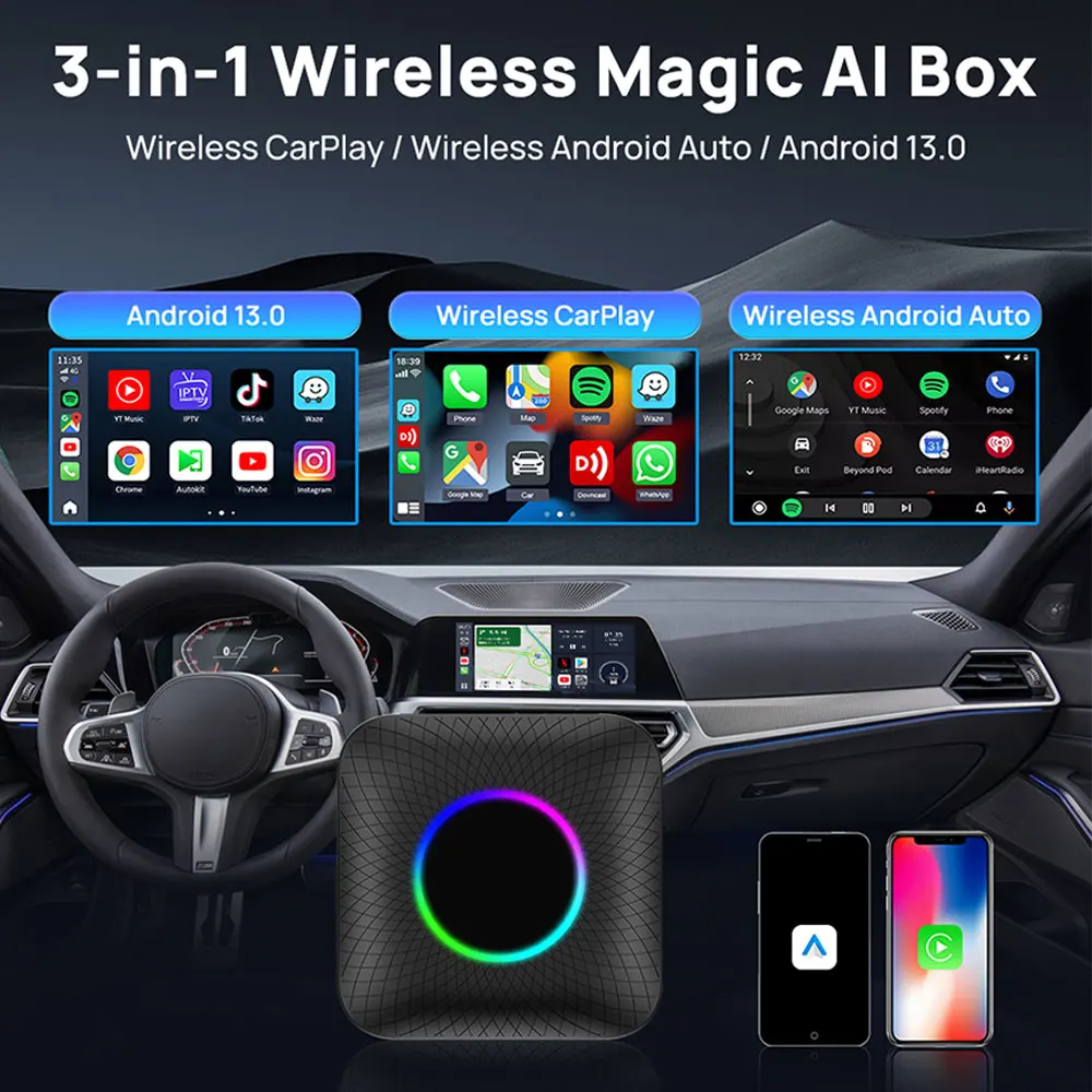 صندوق Carplay Android Auto AI اللاسلكي، التوصيل والتشغيل يناسب السيارات من 2016، Android 13 QCM6125 4 + 64 جيجابايت، يدعم أي تطبيقات - TBOX Led