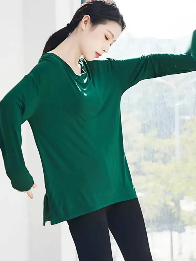 Camicia da pratica di danza moderna con scollo tondo in tinta unita, vestibilità ampia, manica lunga, comodo costume da balletto per spettacoli teatrali