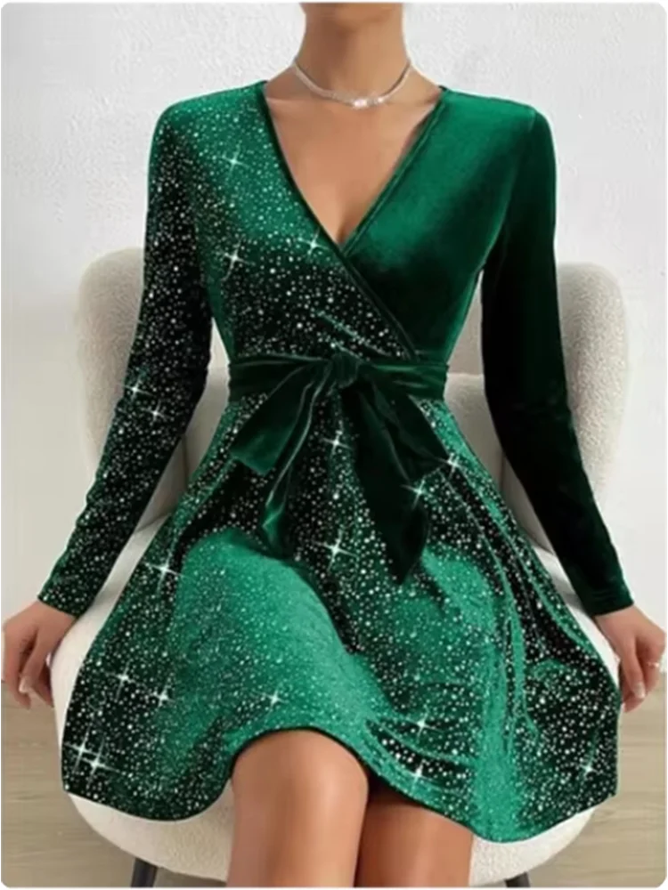 4 Color Sequined Gradient Long Sleeved Low Cut V-neck Sexy Dress High Street Fashion Banquet Party Autumn Elegant Dress