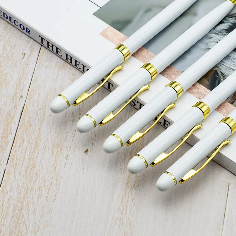 5Pcs White Color Metal Ballpoint Pen Rotating Design with Gold Clip Customize LOGO Promotion Writing Ball Pen Personalized Pens