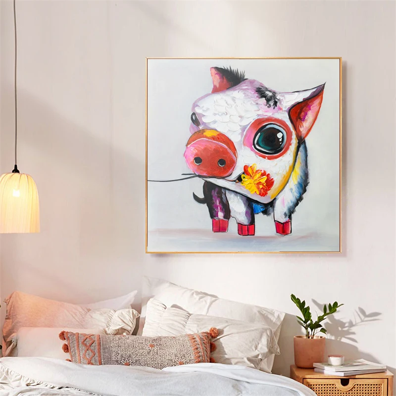 Children Room Art Decoration Unframed Color Acrylic Animal Artwork Abstract Cute Pig Wall Picture Canvas Roll For Paintings