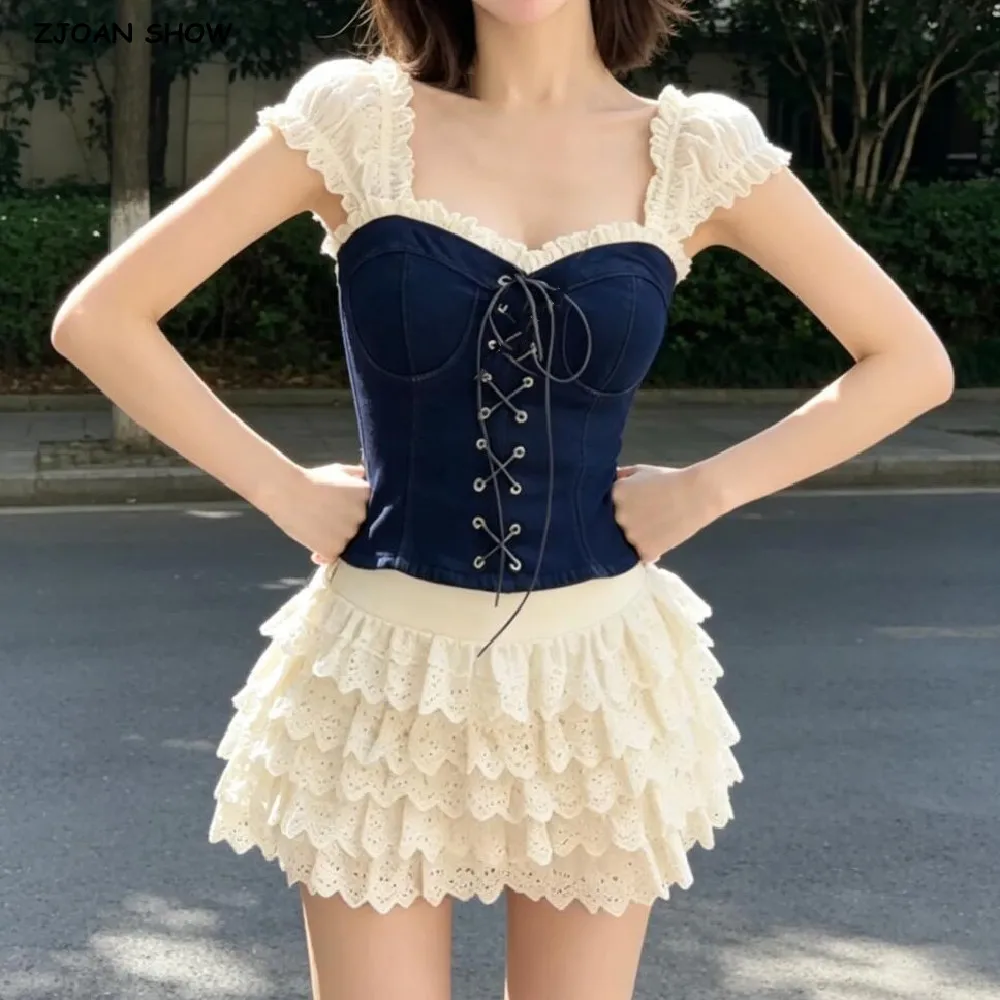 Sexy Navy Blue Spliced Beige Lace Bra Chest Tank Tops Women Cross Lacing Up Bandage Front Slim Short Sleeve Crop Tank Girl Tee