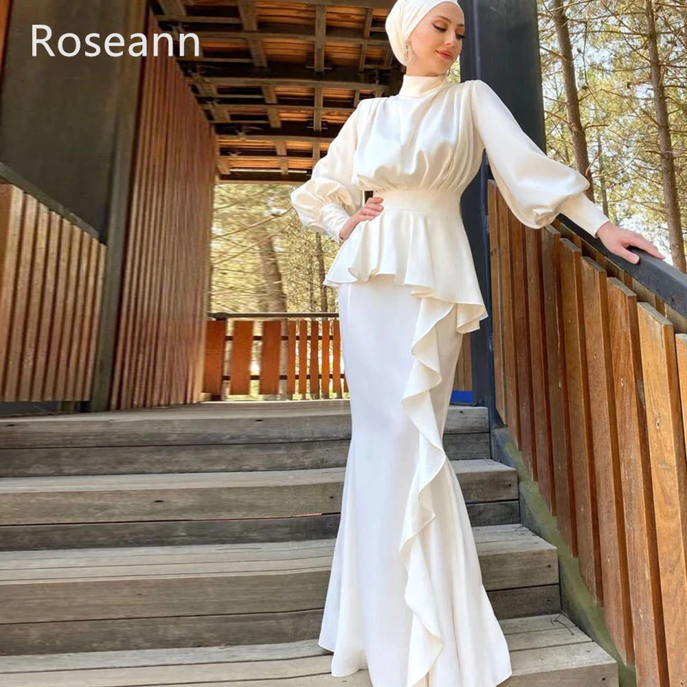 Muslim Retro Mermaid Wedding Dresses Fold High Collar Satin Flowers Brush Train Bride Dresses Floor Length Full robe de mariée