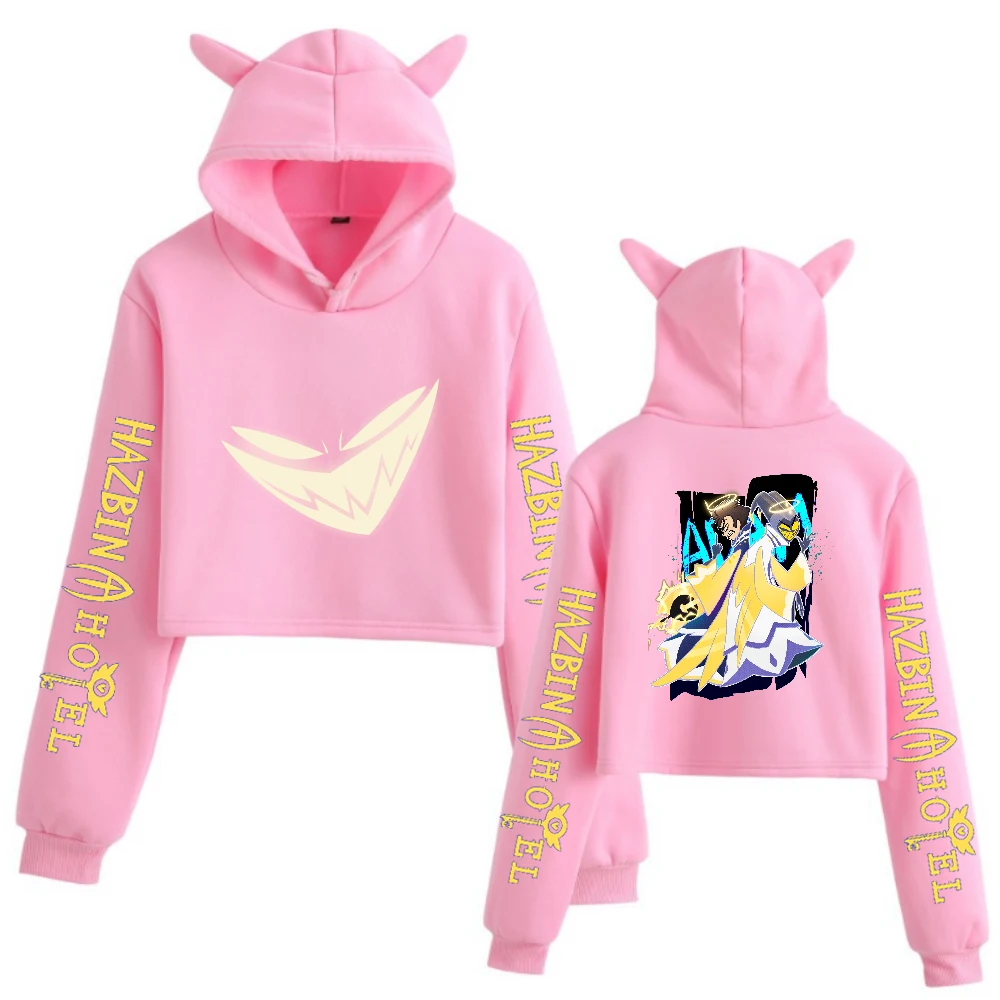 أنيمي آدم هازبين فندق آذان القط هوديي 2 الوجهين طويلة الأكمام المحاصيل قمم الفتيات الأزياء هوديي