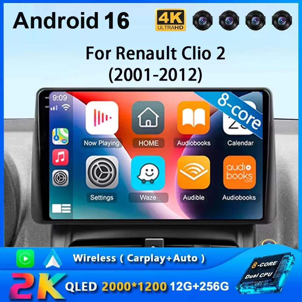 Android 16 For Renault Clio 2 BB CB 2001-2012 Car Radio Multimedia Video Player WIFI Carplay Autoraido GPS Navigation Auto