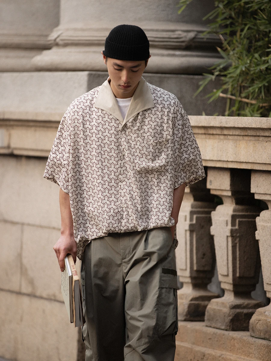 

Noears Summer Thin Short Sleeve Shirt Naval Collar Shoulder Drop Vintage Cityboy Style Cotton Polyester Blend Youth Fashion