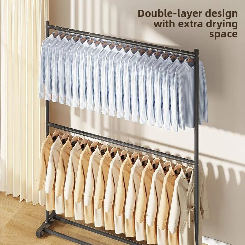 Indoor Floor-Mounted Double-Layer Clothes Drying Rack Simple Mobile Coat Hanger Metal Clothesline Holder Home Organization image 4