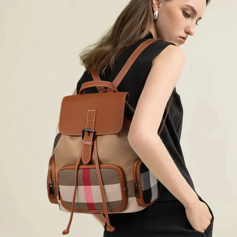 

Полосатый женский рюкзак, двойная сумка через плечо, новый стиль 202, модная женская сумка из натуральной кожи, большая вместимость, натуральный