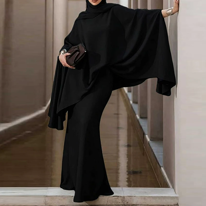 

Elegant O-neck Muslim Satin Abaya Set Casual Hight Waist Long Sleeve Solid 2 Piece Suit Women Fashion Draped Long Skirt Outfits