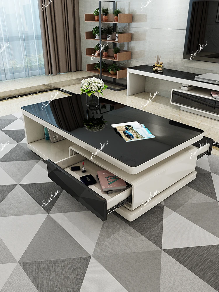 Simple, modern creative living room black and white tempered glass telescopic small apartment, TV cabinet coffee table
