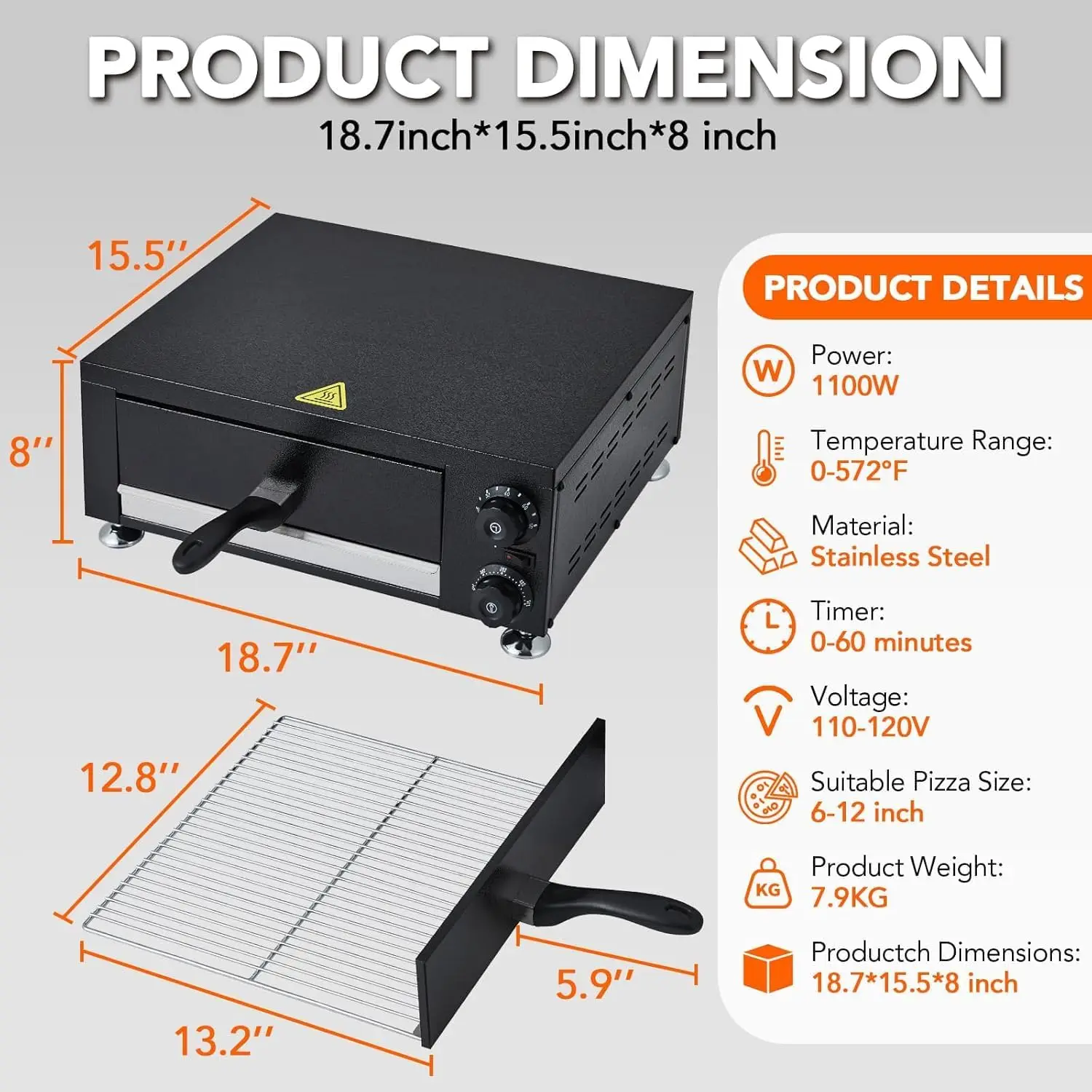 فرن بيتزا تجاري 12 بوصة 1100 وات تسخين مزدوج 360 درجة °   حتى خبز 60 دقيقة الموقت الفولاذ المقاوم للصدأ كونترتوب لشاحنة طعام بيتزا