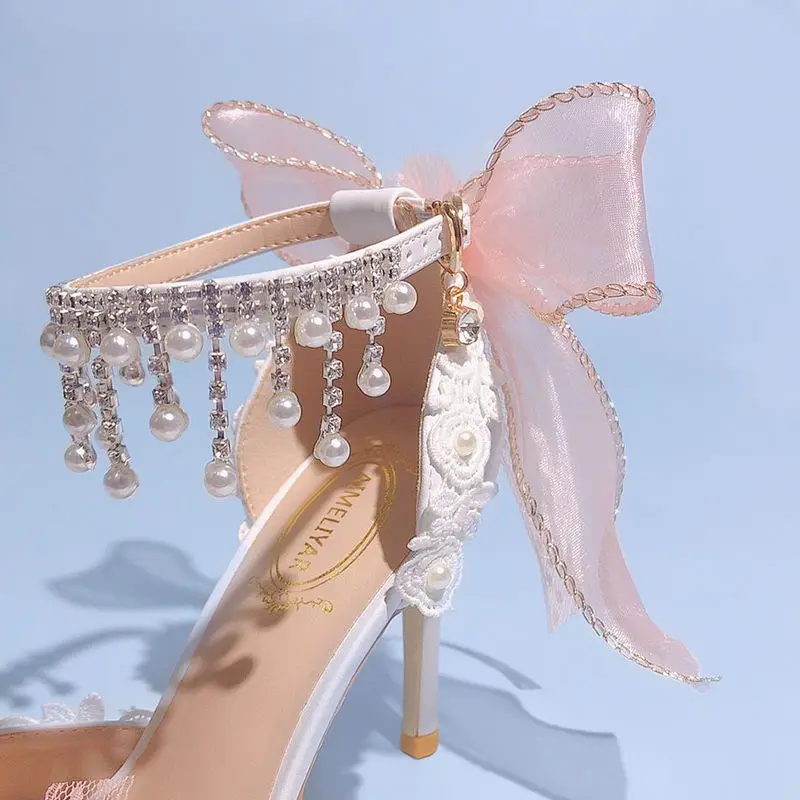 Lolita Bride Shoes 2024 New Pearl Rhinestone Pink High Heels for Women Sweet Flower Knot Bridal Shoes