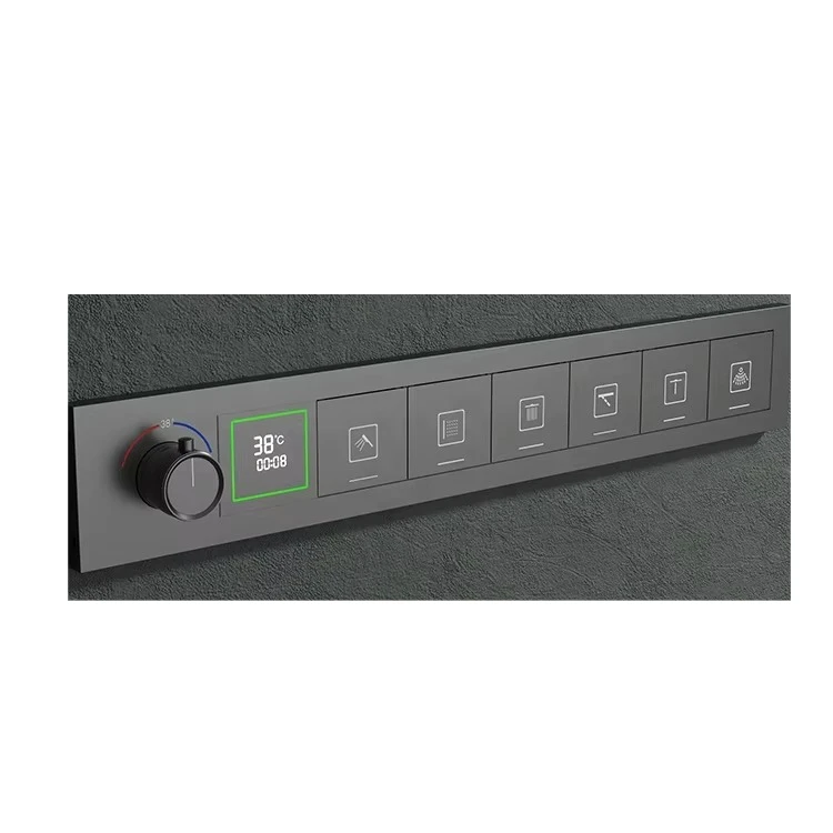 Modern matte black concealed device system with digital display wall thermostat