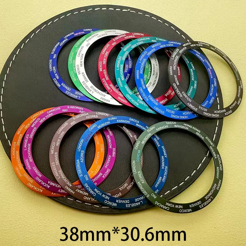 38mm*30.6mm Curved Bezel World Cities Name Watch Bezel Inserts Aluminium Ring English Marking Ring  For SKX007 SRPD GMT SUB Case