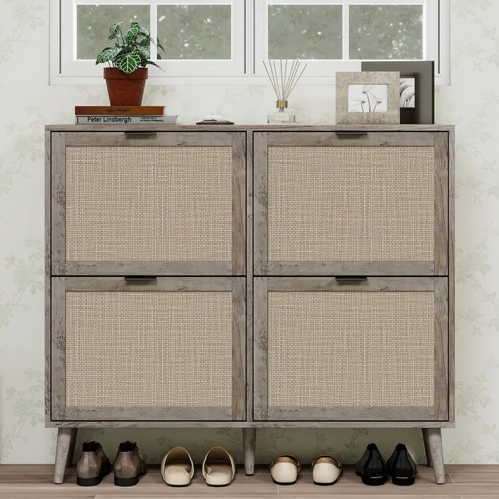 

Shoe Cabinet Storage for Entryway, Rattan Shoe Storage Cabinet with 4 Flip Drawer, Boho Shoe Rack with Pine Legs, Narrow Hidden