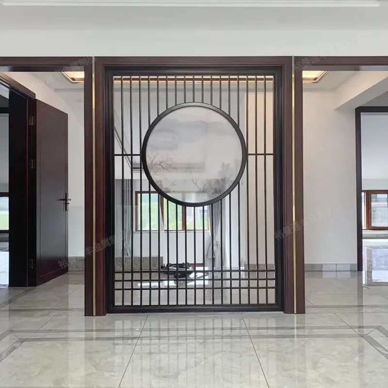 New Chinese Style Lattice Zen Decorative Painting Round Titanium Metal Glass Screen Landscape Partition Wall Art Home Decor