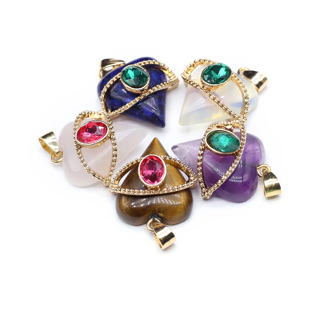 6PCS Fashion Heart Shaped Semi Precious Stone Inlaid Rhinestone Devil's Eye Pendant with Exquisite Jewelry DIY Accessories
