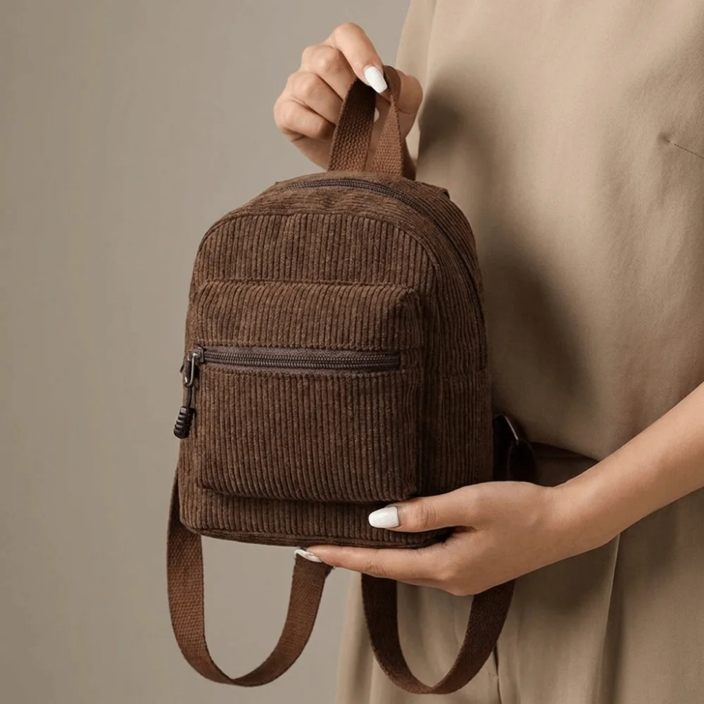 Fashion Solid Color Corduroy Mini Backpack Zipper Multi Pocket Double Shoulder Bag Lightweight Portable Daypack Girls