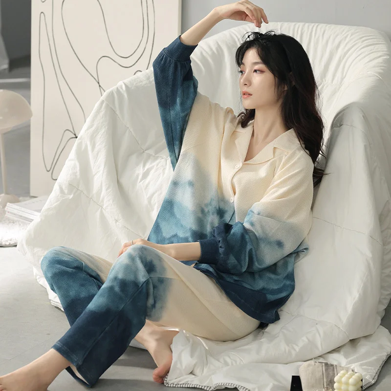 Autumn New Style Pajamas Women\'s Home Wear Round Neck Loose Casual Style 100% Cotton Two-piece Suit Lapel Cotton Suit Pyjamas