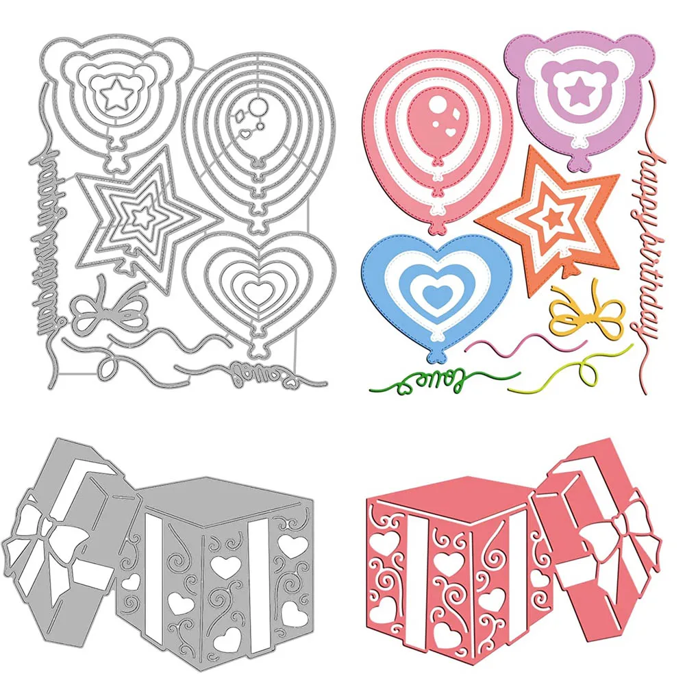 Balloons and Gift Box Metal Cutting Dies Template Molds for DIY Scrapbooking Greeting Cards Making Album Envelope Decoration