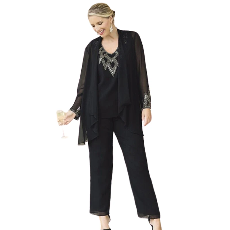 Traje pantalón Formal de gasa negra personalizado para vestido de madre del novio, chaqueta a juego con tanque adornado, ropa de noche de talla grande