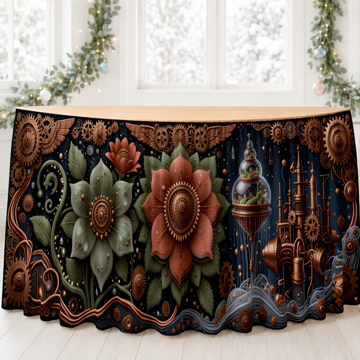 One table skirt, steam punk floral table skirt with printed polyester retro decoration
