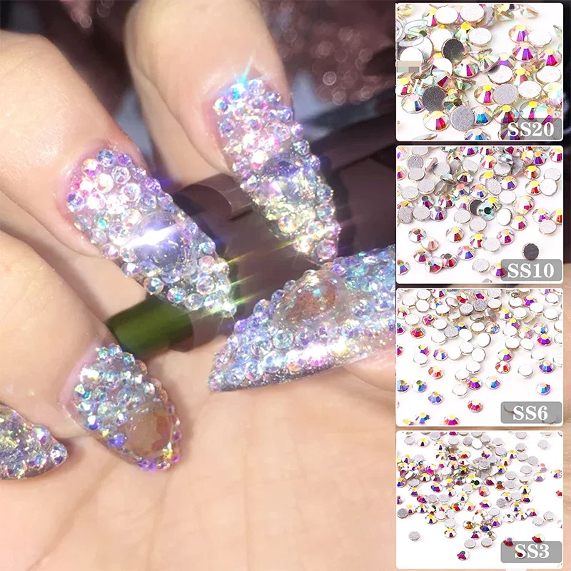 Super Glitter ss3-ss8 Crystal AB Flat Back Non HotFix Nail art Rhinestone 3D Glass Nail Art Decorations Garment Rhinestone