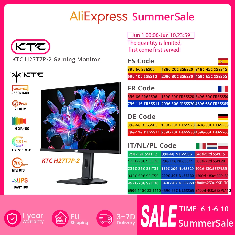 Support réglable en hauteur KTC H27T7P-2 moniteur de jeu IPS rapide 27 "2560 × 1440 QHD 200Hz Overdrive à 210Hz HDR400 400 cd/ ㎡   (Typ.)