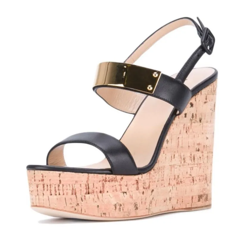

SHOFOO Fashionable women's high-heeled sandals. Black leather sandals. About 15cm heel height. Wedges sandals Summer shoes34-46