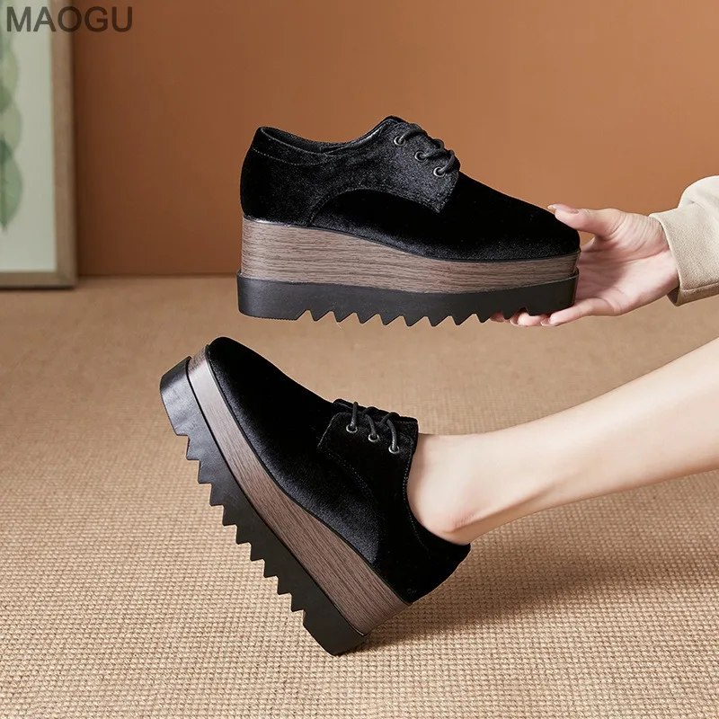 

8CM Women's Black Suede Platform Wedges Shoes Ladies High Heel Pumps Fashion Design Square Toe Lace Up British Style Shoes Women