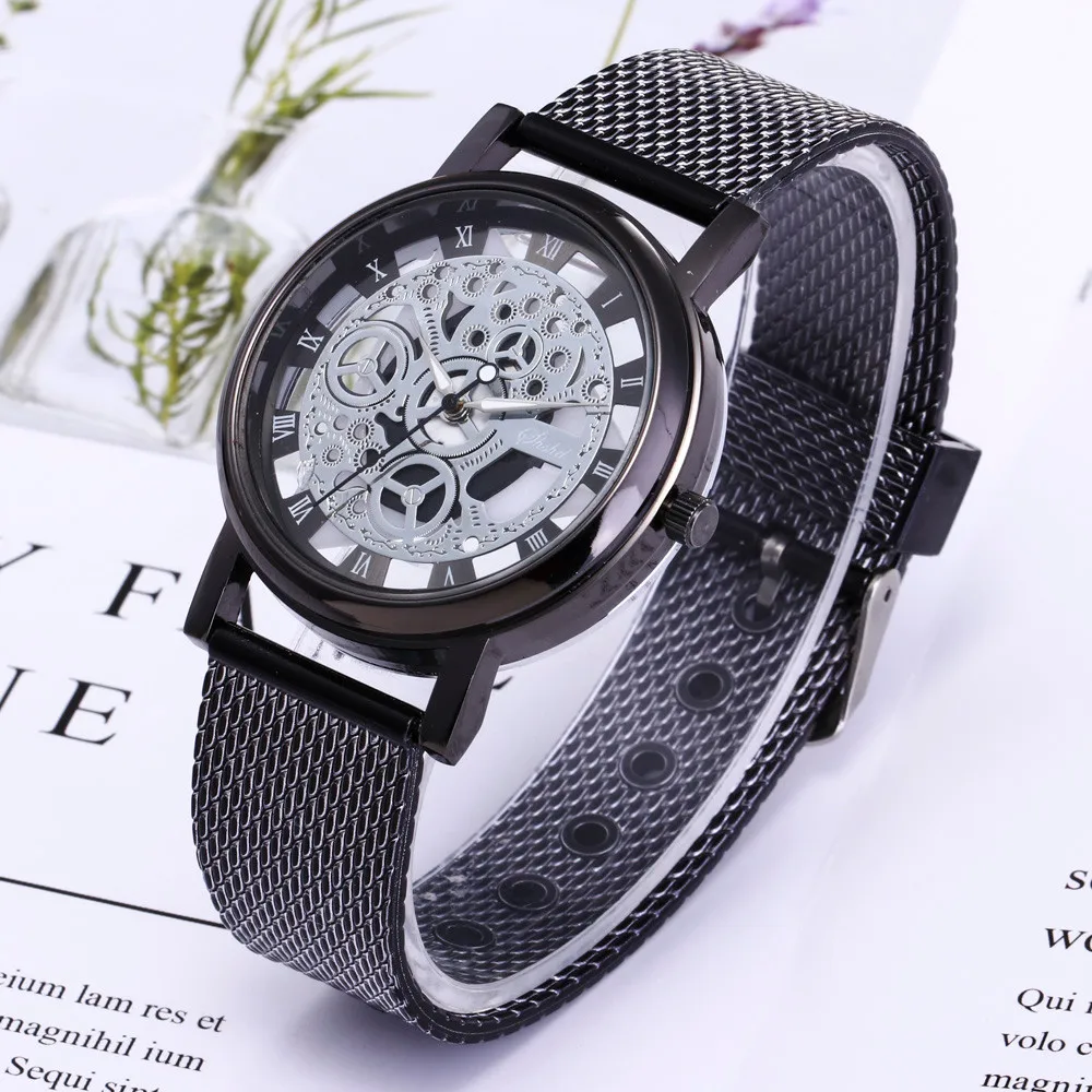 

Men Luxury Stainless Steel Quartz Hollow Watch Military Sport Plastic Band Dial Skeleton Wrist Watch Mesh Belt Unisex Relogio