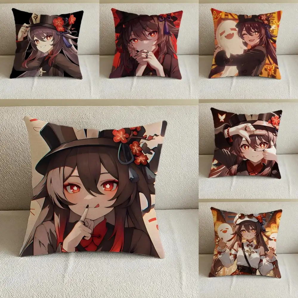 Game Genshin Impact Hu Tao Cushion Cover Natural Linen Pillowcase Set, All-in-One Decor for Sofa, Bedroom & Chair