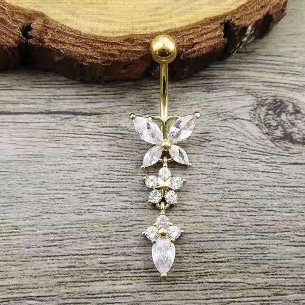 Unique Zircon Butterfly Belly Button Ring Long Chain Elegant Body Piercing Jewelry Stainless Steel Curved Barbell