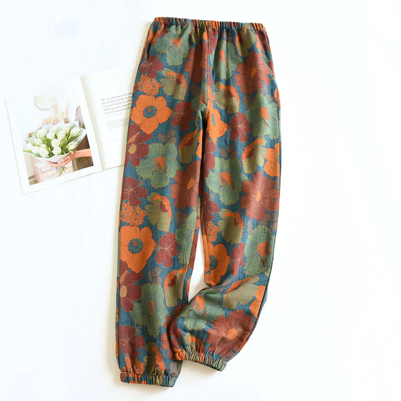 Spring / Autumn Cotton Yarn-dyed Retro Jacquard Pajama Pants for Women\'s Elastic Waist Sleep Bottoms Loose Casual Lounge Wear