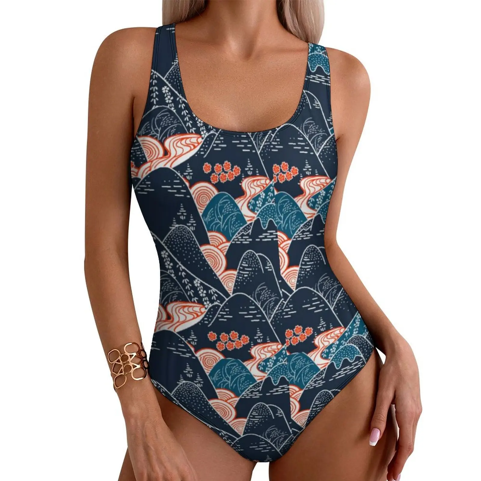 

Mountains Kimono Art Swimsuit Sexy Japanese Traditional Landscape One Piece Swimwear Push Up Swimsuits Vacation Bath Beachwear