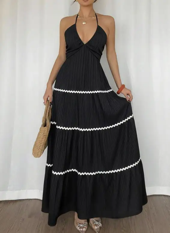 

2026 Summer Elegant Sexy Long Skirt Women's New Contrasting Color Vacation Style Sleeveless Backless V-Neck Hanging Neck Dress