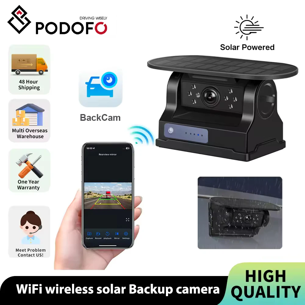 Caméra de recul sans fil Podofo, étanche, magnétique, vision nocturne infrarouge, charge solaire pour camping-car, caravane