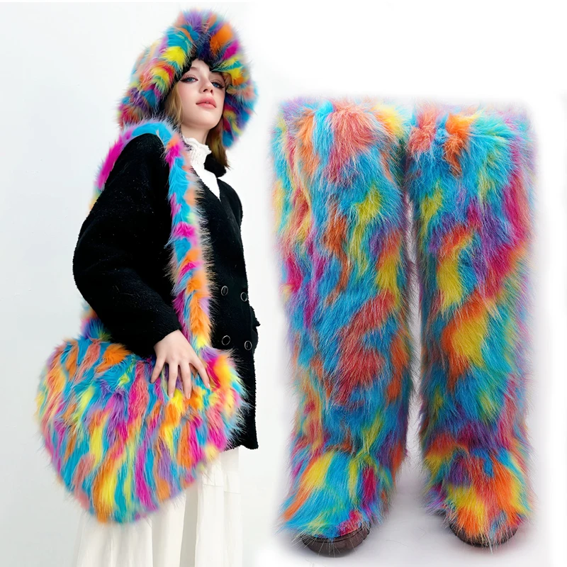 Winter Women New Fur Snow Boots High Tube Warm Imitation Fox Fur Boots Fashion Imitation Raccoon Hair Love Bag And Fur Hat Shoe