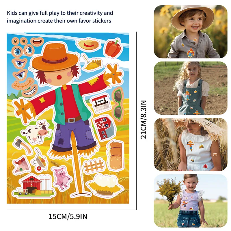 Kid DIY Make a Scarecrow Face Sticker Sheets Autumn Party Games Crafts Cute Cartoon Farm  Animal Field Scarecrow Puzzle Stickers