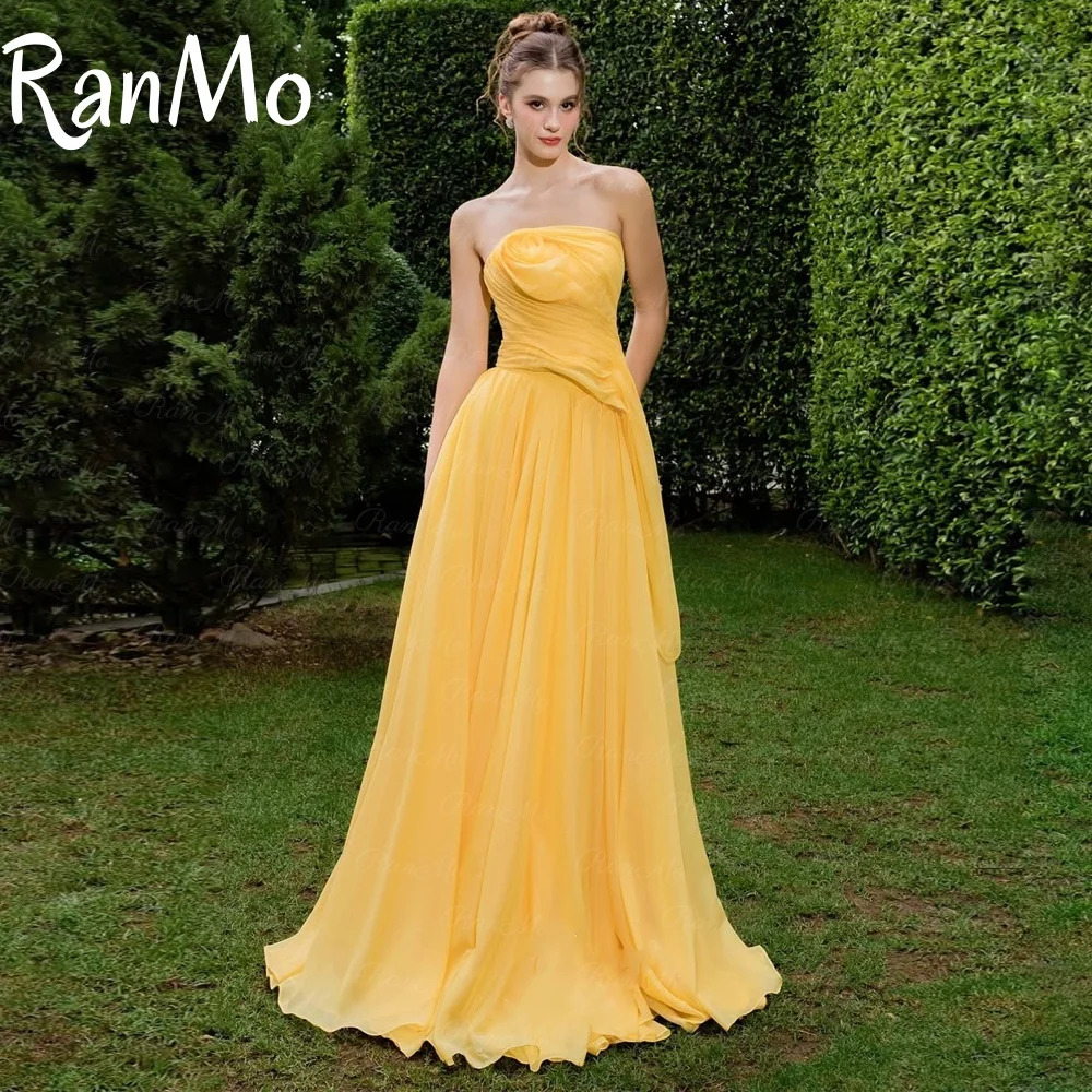 

Ranmo 2025 New Customized Yellow A Line Strapless Chiffon Prom Dress Floor Length Party Gowns Vestidos De Fiesta Evening Dresses